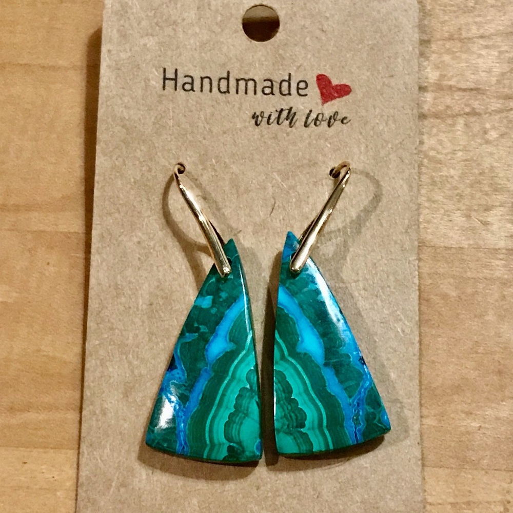 Outstanding Gorgeous Malachite Chrysocolla on Gold Plated Earrings